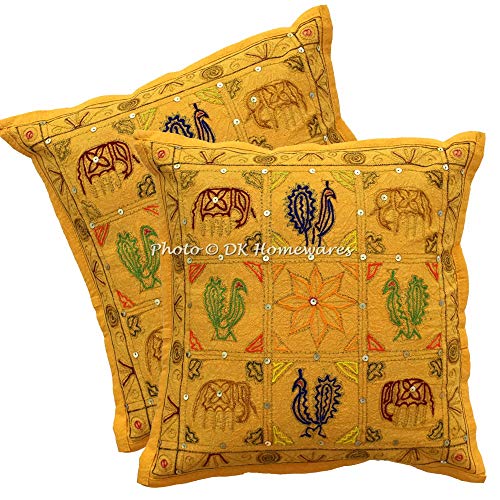 DK Homewares Ethnisch Sofa Deko Kissenbezüge 40x40 cm Mangogelb Baumwolle Bestickt Kissenbezüge Indisch Wohnzimmer Elefant Quadrat Boho Dekokissenbezüge - 2er-Set (nur Bezug) von DK Homewares