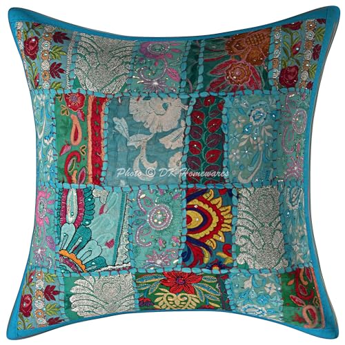 DK Homewares Ethnisch Sofa Deko Kissenbezug 40x40 cm Türkis Baumwolle Vintage Patchwork Kissenbezüge Home Schlafzimmer Abstrakt Boho Quadrat Kissenhülle - 1 Stück (nur Bezug) von DK Homewares