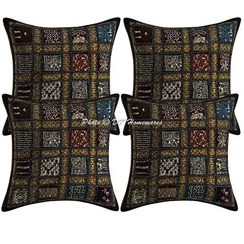 DK Homewares Ethnisch Sofa Kissen Bezüge 40x40 cm Dunkelgrau Baumwolle Patchwork Kissenbezüge Boho Style Gestickte Pailletten Geometrisch Quadrat Kissen Bezüge - 4er-Set (nur Bezug) von DK Homewares