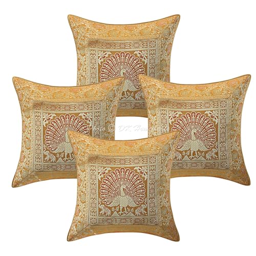 DK Homewares Ethnisch Sofa Kissen Bezüge 40x40 cm Senfgelb Brokat Jacquard Weben Kissenbezüge Home Reißverschluss Pfau Bohemien Quadrat Kissenhülle Tiermotiv - 4er-Set (nur Bezug) von DK Homewares