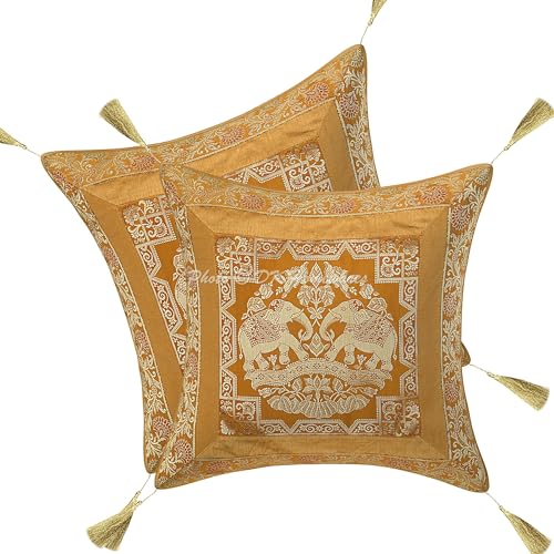 DK Homewares Ethnisch Sofa Kissen Bezüge 45x45 cm Brokat Senfgelb Jacquard Weben Kissenbezüge Indisch Quasten Elefant Boho Quadrat Kissenhülle Tiermotiv - 2er-Set (nur Bezug) von DK Homewares