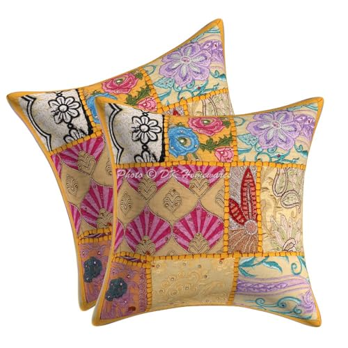 DK Homewares Ethnisch Sofa Kissenhullen 30x30 cm Baumwolle Mangogelb Vintage Patchwork Klein Kissenbezüge Home Schlafzimmer Abstrakt Quadrat Kissenhullen - 2er-Set (nur Bezug) von DK Homewares