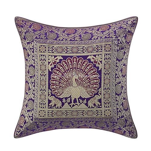 DK Homewares Ethnisch Sofa Zierkissenhülle 40x40 cm Lila Brokat Jacquard Weben Kissenbezüge Home Reißverschluss Pfau Boho Quadrat Kissenhülle Tiermotiv - 1 Stück (nur Bezug) von DK Homewares