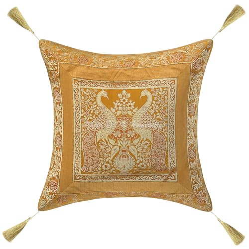 DK Homewares Ethnisch Sofa Zierkissenhülle 45x45 cm Senfgelb Brokat Jacquard Weben Kissenbezüge Couchkissen Quasten Pfau Quadrat Boho Deko Kissenbezug - 1 Stück (nur Bezug) von DK Homewares