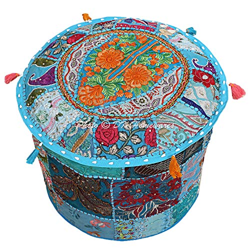 DK Homewares Ethnische Runde Hassock Hocker Türkisblau Patchwork Bestickte Baumwolle Möbel Dekorative Osmanische Fußstütze Sitzmöbel | (16x16x13 Zoll / 40 cm) NUR ABDECKEN von DK Homewares