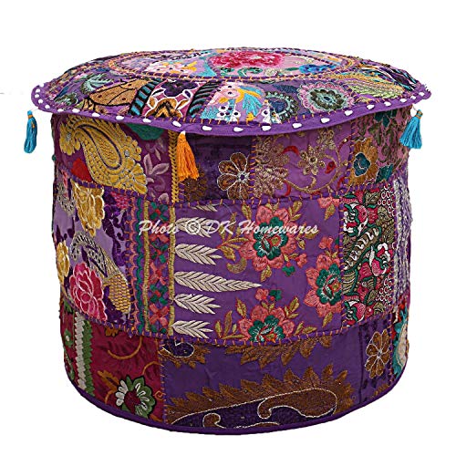 DK Homewares Ethnische runde Puffabdeckung Lila Patchwork Bestickte Baumwolle Möbel Hocker Puff Dekorative Osmanische Fußstütze Sitzmöbel | (18x18x13 Zoll / 45 cm) NUR ABDECKEN von DK Homewares