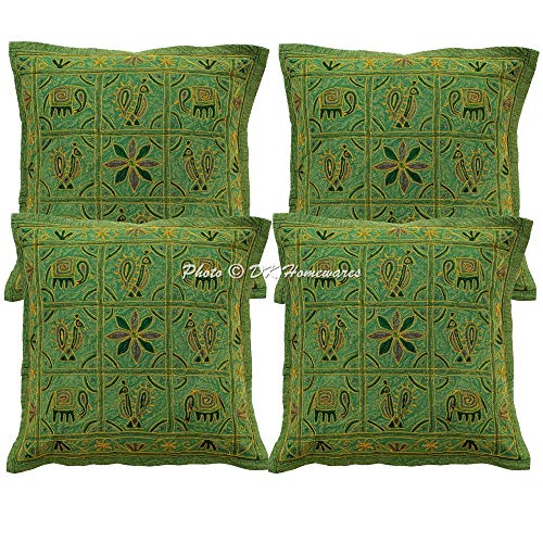 DK Homewares Indisch Couch Kissen Bezüge 40x40 cm Baumwolle Grün Mit Goldfaden Bestickt Kissenbezüge Home Pailletten Elefant Quadrat Bohemien Kissenhullen - 4er-Set (nur Bezug) von DK Homewares