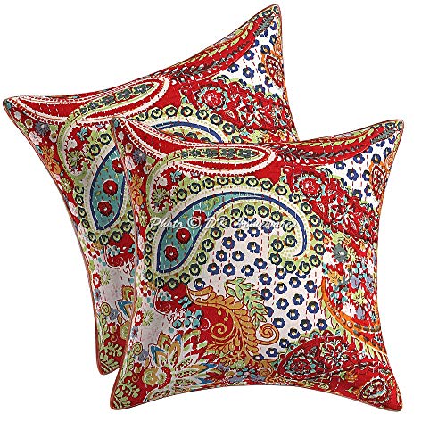 DK Homewares Indisch Sofa Deko Kissenhüllen 40x40 cm Baumwolle Rot Kantha Kissenbezüge Home Gedruckt Paisley Quadrat Bohemien Zierkissenbezüge - 2er-Set (nur Bezug) von DK Homewares