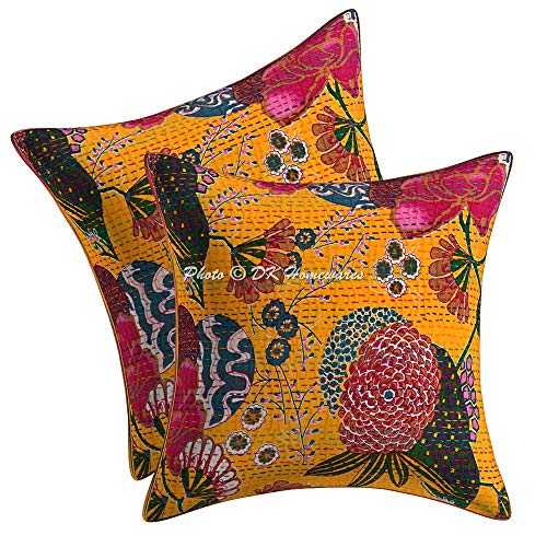 DK Homewares Indisch Sofa Dekokissenbezüge 40x40 cm Baumwolle Mangogelb Kantha Kissenbezüge Home Gedruckt Tropicana Quadrat Bohemien Kopfkissenbezüge - 2er-Set (nur Bezug) von DK Homewares