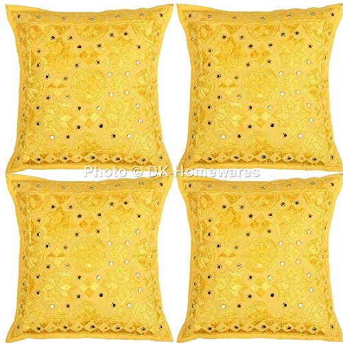 DK Homewares Indisch Sofa Kissenbezüge 40x40 cm Gelb Baumwolle Gespiegelt Kissenbezüge Couchkissen Schlafzimmer Bestickt Boho Quadrat Deko Kissen Bezüge - 4er-Set (nur Bezug) von DK Homewares
