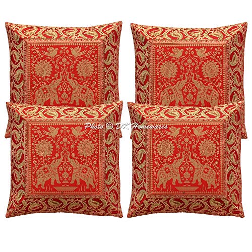 DK Homewares Indisch Sofa Kissenbezüge 40x40 cm Rot Brokat Jacquard Kissenbezüge Home Reißverschluss Elefant Bohemien Quadrat Kissenhülle Tiermotiv - 4er-Set (nur Bezug) von DK Homewares