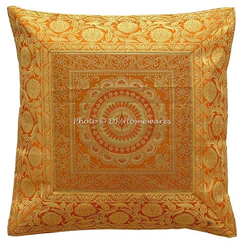 DK Homewares Indisch Sofa Kissenbezug 40x40 cm Brokat Gold Jacquard Weben Kissenbezüge Indisch Reißverschluss Mandala Bohemien Quadrat Zierkissenhülle - 1 Stück (nur Bezug) von DK Homewares
