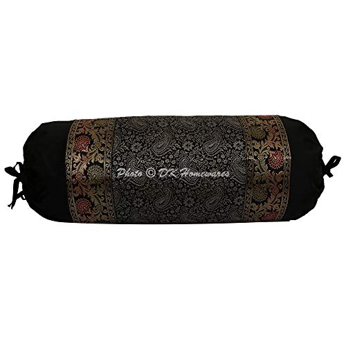 DK Homewares Indisches Traditionelles Festival Dekor Jacquard Brokat Tischabdeckung Polydupionseide 30 x 15 Paisley Blumen Zylinderkissenbezug (Schwarz ; 76 x 38 cm) -1 St. von DK Homewares