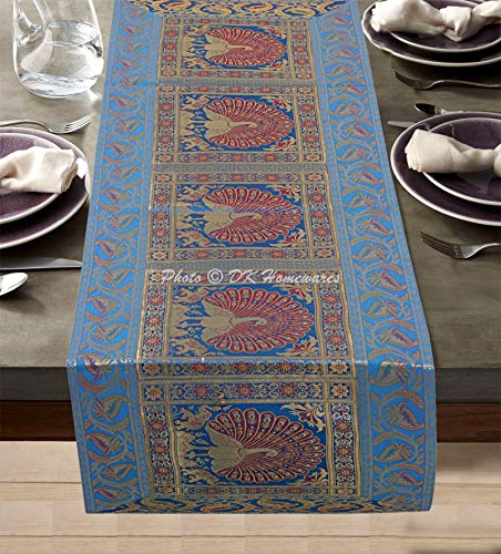 DK Homewares Indischer Ethnisch Türkis 150 X 40 cm Brokat Tischdecke Zuhause Dekoration Pfau Blumen- Jacquard 5 Ft Rechteckig Tischläufer (60 X 16 Zoll/Türkis Gold) von DK Homewares