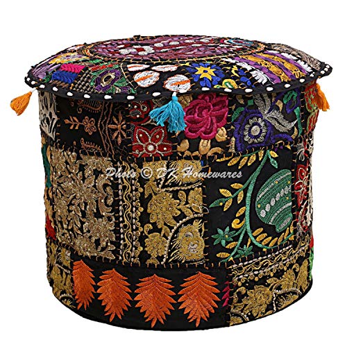 DK Homewares Indischer runder Hocker Fußhocker Schwarz Patchwork Bestickter Baumwollmöbel Puffbezug Dekorative Osmanische Fußstütze Sitzmöbel | (22x22x14 Zoll / 55 cm) NUR ABDECKEN von DK Homewares