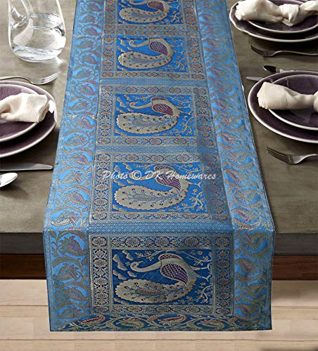 DK Homewares Kaffeetisch-Dekor Indisches Traditionelleses Türkis Tischläufer Brokat 60 X 16 Zoll Jacquard Pfau Blumen- 5 Ft Satin Stoff ESS-Herzstück (150 X 40 cm/Türkis Gold) von DK Homewares