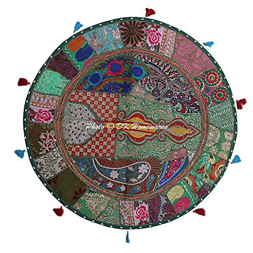 DK Homewares Traditionell Baumwolle bodenkissen bezug 70x70 Rundes Bodenkissen Bohemien Dunkelgrün Patchwork Gestickt Wohnkultur Rund Jahrgang Kissenbezüge Wohnzimmer - 28x28 Inch von DK Homewares