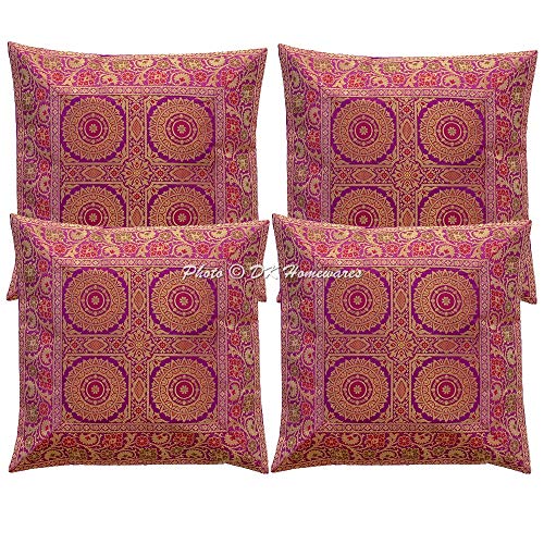 DK Homewares Traditionell Ethnisch Brokat Lila Kissenhülle 40x40 cm Blumen Wohnzimmer Dekor Jacquard Brokat 16 x 16 Zoll Outdoor Dekokissenbezug Satz von 4 Stück ( Lila ) - 4 Pcs von DK Homewares