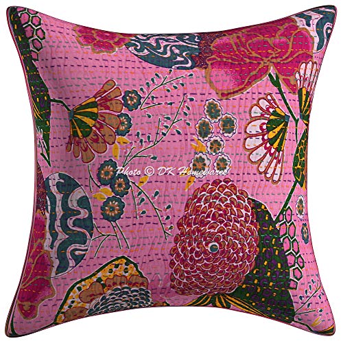 DK Homewares Traditionell Rosa Kissenbezug 40x40 cm 16x16 Zoll Bettwäsche Dekor Baumwolle Tropicana Kantha gedruckt Größe Standard Kissenbezug Einzel stück (Baby Pink) - 1 Pc von DK Homewares