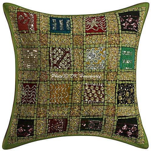 DK Homewares Ethnisch Sofa Kissenhülle 40x40 cm Papagei Grün Baumwolle Patchwork Kissenbezüge Deko Gestickte Pailletten Geometrisch Quadrat Kissenhülle Home - 1 Stück (nur Bezug) von DK Homewares