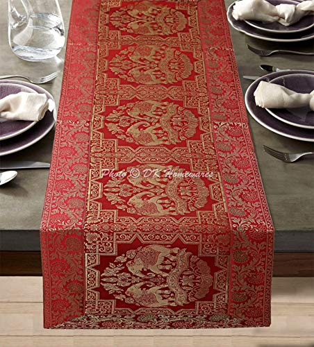 DK Homewares Traditionelles Rot Brokat 60 X 16 Zoll Zuhause Dekoration Tischdecke Jacquard Elefant Blumen- 5 Ft Satin Stoff Tischläufer (150 X 40 cm/Rot Gold) von DK Homewares