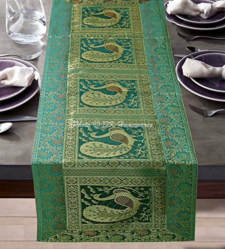 DK Homewares Wohnkultur Traditionellese Ethnische Grün Tischdecke Brokat 60 X 16 Zoll Jacquard Pfau Blumen- 5 Ft Rechteck Tischläufer (150 X 40 cm/Grün Gold) von DK Homewares