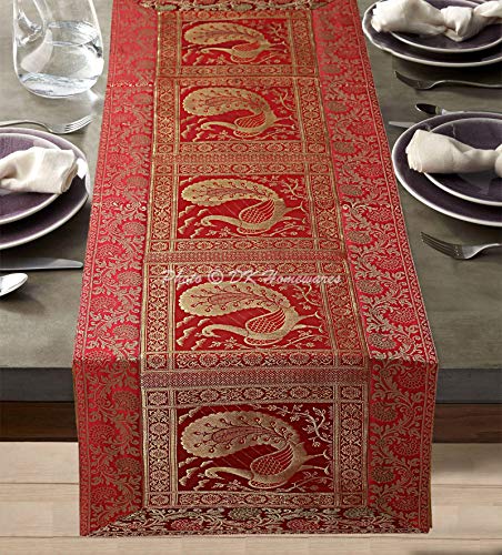 DK Homewares Zuhause Dekorativ Indisches Traditionelleses Rot Tischläufer Brokat 60 X 16 Zoll Jacquard Pfau Blumen- 5 Ft Satin Stoff ESS-Herzstück (150 X 40 cm/Rot Gold) von DK Homewares