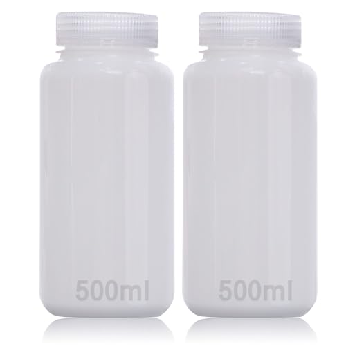 DKBT 2 Stück Weithalsflasche Kunststoff Flasche 500ml Leere Laborflasche Auslaufsicher Durchscheinend aus HDPE-Flasche mit Breiter Öffnung für Pillenflaschen Wasserprobenflaschen von DKBT