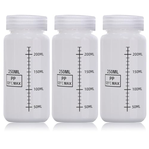 DKBT 3 Stück Weithalsflasche mit Skalierung 250ml Kunststoff Flasche Plastikflaschen Leere Laborflasche Auslaufsicher Durchscheinend aus HDPE-Flasche für Pillenflaschen Wasserprobenflaschen von DKBT