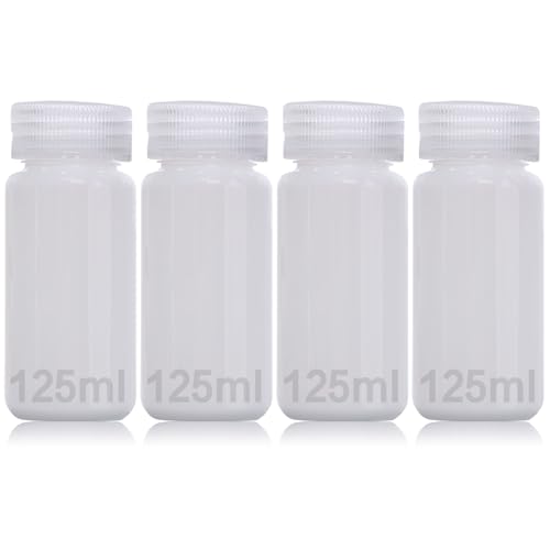DKBT 4 Stück Weithalsflasche Kunststoff Flasche 125ml Leere Laborflasche Auslaufsicher Durchscheinend aus HDPE-Flasche mit Breiter Öffnung für Pillenflaschen Wasserprobenflaschen von DKBT