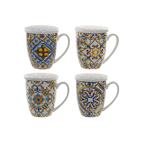 DKD Home Decor Tasse mit Filter für Tee, Porzellan, Blau, Edelstahl, Gelb, 4 Stück von DKD Home Decor
