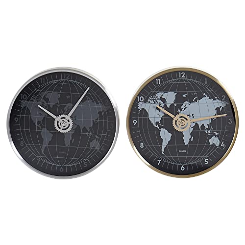 DKD Home Decor Wanduhr der Marke Schwarz Aluminium Glas Gold Silber Weltkarte (2 Stück) (30 x 4,3 x 30 cm) (Referenz: S3016704) von DKD Home Decor