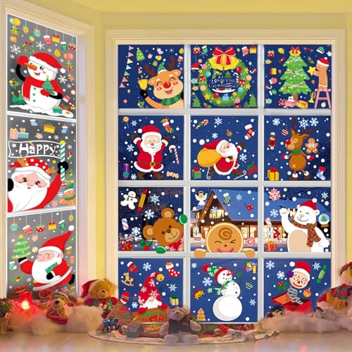 434 Stück Weihnachten Fensterbilder, Weihnachten Fenstersticker Fensterdeko Doppelseitige Wiederverwendbare PVC Aufkleber Weihnachtsdeko mit Weihnachtsmann Schneeflocken für Glasfenster Schaufenster von DKDDSSS