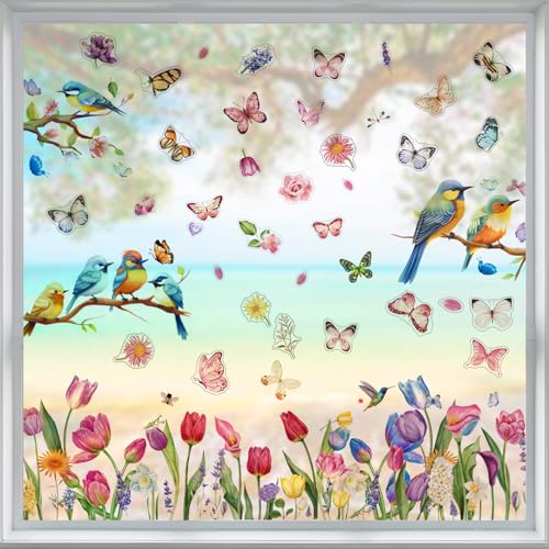 DKDDSSS 18 Blatt Fensterbilder Frühling Blumen, Fenstersticker Frühling Selbstklebend Blumen Schmetterling, Vögel Frühling Fensterdeko Wiederverwendbar für Glas Kinderzimmer Badezimmer von DKDDSSS