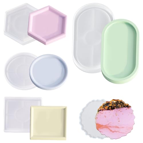 DKDDSSS 5 Stück Silikonform Tablett Untersetzer, Silikonform Untersetzer, Epoxidharz Rund Oval Hexagon Formen Set, DIY Untersetzer Silikon Formen Gießformen für Teetablett Obsttablett Kunsthandwerk von DKDDSSS