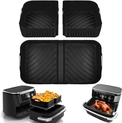 DKIIL NOIYB 2 In 1 Silikonform Heißluftfritteuse Zubehör für Ninja Foodi Flexdrawer 10,4 L AF500EU, Kieselgel Backblech Integriert für Ninja AF500 (2pcs Schwarz) von DKIIL NOIYB