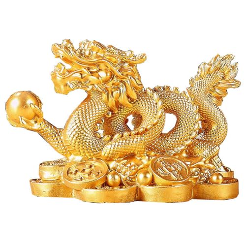 DKIIL NOIYB Chinesische Drachenstatuen, Feng Shui Goldene Drachen Skulptur, Dekorative Ornamente zum Jahr des Drachen 2024, Reichtum Machender Drachen Figuren, Glücksbringer Harz Drache von DKIIL NOIYB