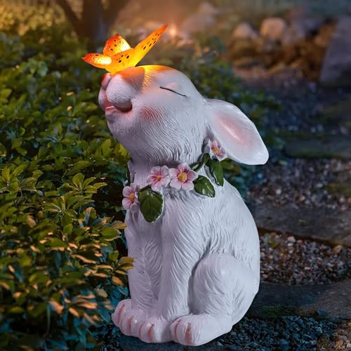 DKIIL NOIYB Oster Hase Solar Lampen, Kaninchen Deko Gartenfigur Skulptur, Wasserfeste Solar Gartenleuchte, Schmetterlinge Gartendeko für Draußen Rasen Terrassen (A1-Solar, weiß) von DKIIL NOIYB