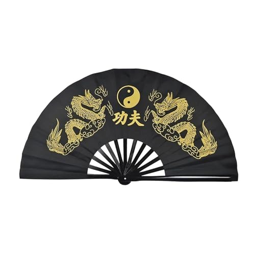 DKJAHSEK 33 cm Tai Chi Fan Kung Fu Kampfkunst Doppel Gedruckt Drachen Multicolor(Black,1pc) von DKJAHSEK