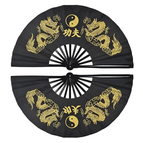 DKJAHSEK 33 cm Tai Chi Fan Kung Fu Kampfkunst Doppel Gedruckt Drachen Multicolor(Black,2pcs) von DKJAHSEK