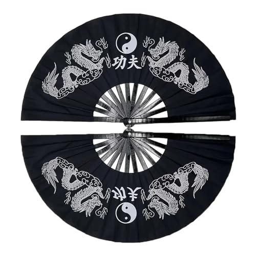 DKJAHSEK 33 cm Tai Chi Fan Kung Fu Kampfkunst Doppel Gedruckt Drachen Multicolor(Black1,2pcs) von DKJAHSEK