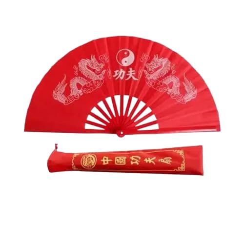 DKJAHSEK Tai Chi Fan Double Dragon Kung Fu Faltring Klassischer roter Performance-Kampfsport-Fitness-Tanzfan(A1 34cm) von DKJAHSEK