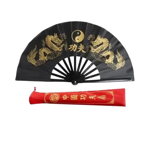 DKJAHSEK Tai Chi Fan Double Dragon Kung Fu Faltring Klassischer roter Performance-Kampfsport-Fitness-Tanzfan(A4 34cm) von DKJAHSEK