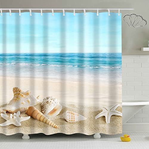 DKLFYDBG Stoff Strand Duschvorhang 180x200 Anti-Schimmel Waschbar Blaue Ozean Landschaft, Seashell Seestern Tropisch 3D Duschvorhänge Badezimmer Wasserdicht beschwert (180 x 200 cm) von DKLFYDBG