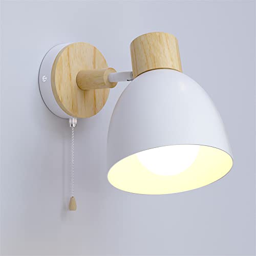 DKNHS Wandleuchte Innen mit Schalter Wandlampe Holz Vintage E27 Wandleuchten Retro Industrial Lampenschirm Nachtlicht für Schlafzimmer, Wohnzimmer, Treppen, Korridor (Weiß) von DKNHS