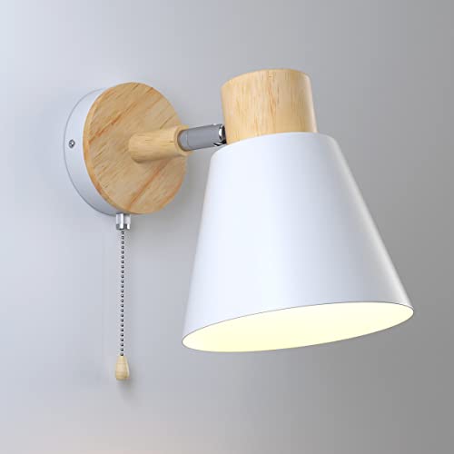 DKNHS Wandleuchte Innen mit Schalter Wandlampe Holz Vintage E27 Wandleuchten Retro Industrial Lampenschirm Nachtlicht für Schlafzimmer, Wohnzimmer, Treppen, Korridor (Weiß Neu) von DKNHS