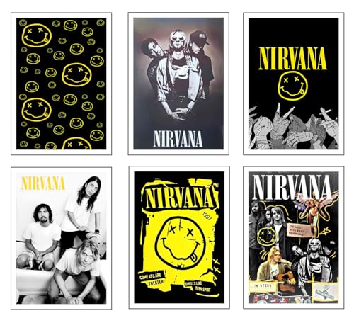 DKORARTE Set mit 6 A4-Wandbildern für moderne Bilder, Dekoration für Wohnzimmer, Schlafzimmer, Zimmer, ohne Rahmen, Nirvana, Kurt Cobain (29,7 x 21 cm) von DKORARTE