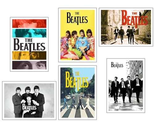DKORARTE Set mit 6 Bildern auf Holzbasis, Dekoration für modernes Wohnzimmer, Schlafzimmer, Zimmer, Los Beatles, mit Metallaufhängern (38 x 29 cm pro Bild) von DKORARTE
