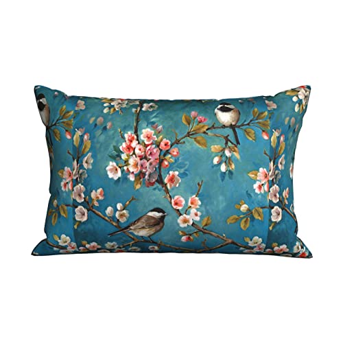 Kissenbezüge 2 Stück Zwei Vögel Mit Kirschblüten Blau, Rosa, Grau Wurfkissenbezügen Moderne Outdoor Kissenbezug Weiche Bett Kissenbezüge, Für Sofa, Wohnzimmer, 60x40cm von DKOSWKS