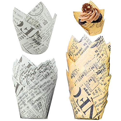 100pcs Zeitung Backbecher Mini Cupcake Formen Muffinförmchen Papier Cupcake Liner Kuchen Papier Förmchen Tulpen Förmchen Wrapper Backformen Muffin Fälle Muffin Baking Cup Party Hochzeit Kuchen Deko von DKTOTIUP